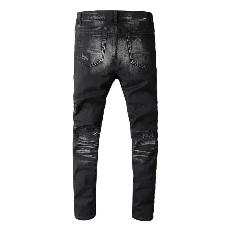 Men's Slim Fit Black Punk Style Biker Jeans Daylight Burnout Creations