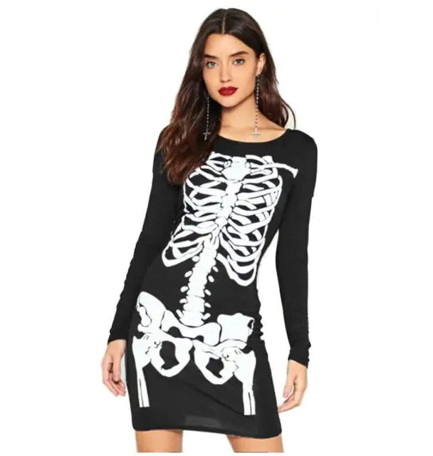 Punk Skull Print Long Sleeve Casual Dress