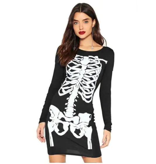 Punk Skull Print Long Sleeve Casual Dress