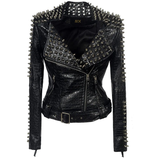 Women's Punk Leather Jacket with Studs