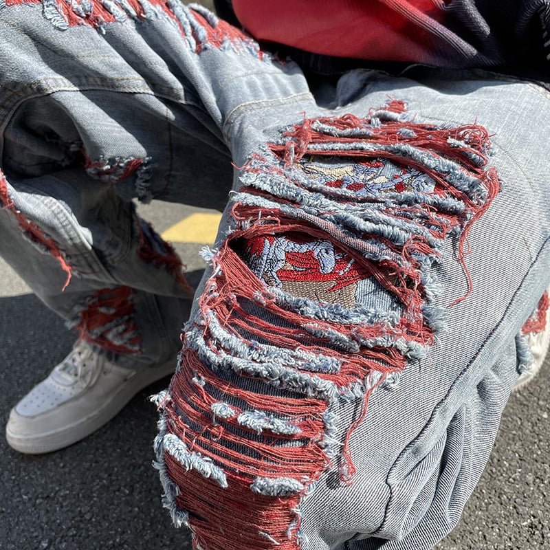 Niche Whisker Ripped Embroidered Denim Jeans