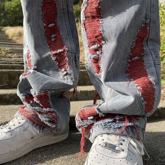 Niche Whisker Ripped Embroidered Denim Jeans