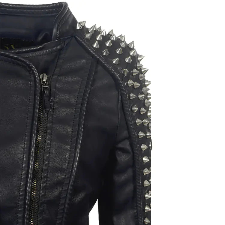Short Motorcycle Leather Jacket for Women - Punk Style Daylight Burnout Creations