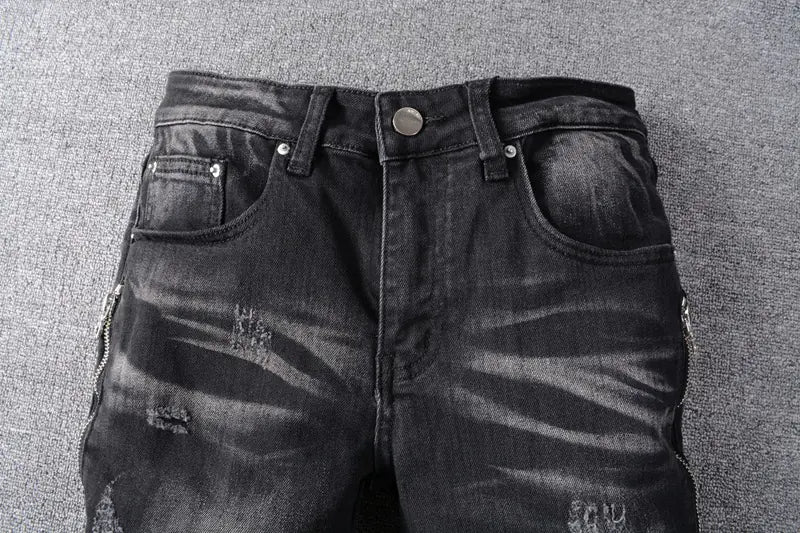 Men's Slim Fit Black Punk Style Biker Jeans Daylight Burnout Creations