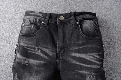 Men's Slim Fit Black Punk Style Biker Jeans Daylight Burnout Creations