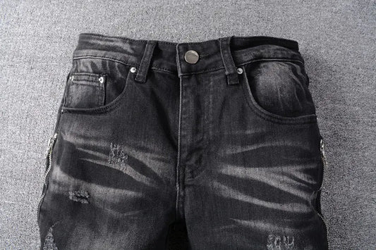 Men's Slim Fit Black Punk Style Biker Jeans Daylight Burnout Creations