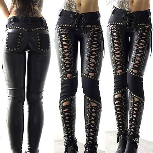 Punk Rock Leather Pants with Strap Detail