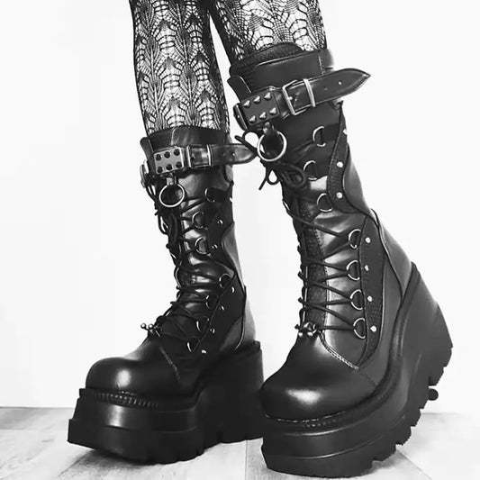 Women's Wedge Heel Mid-Calf Punk Style Boots Daylight Burnout Creations