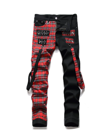 Red Plaid Punk Zipper Jeans