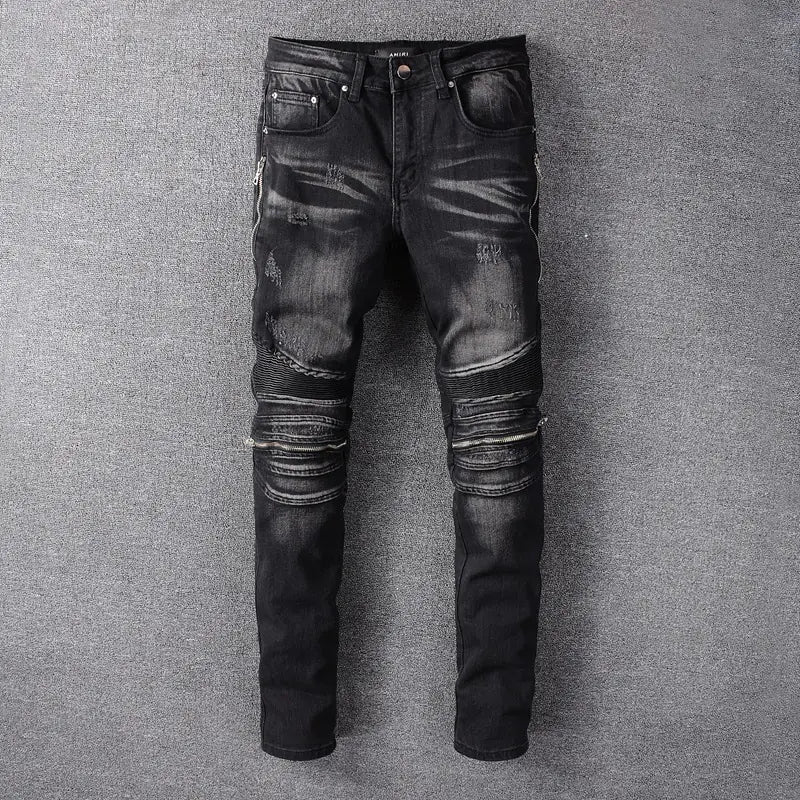 Men's Slim Fit Black Punk Style Biker Jeans Daylight Burnout Creations