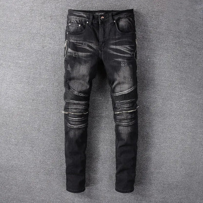 Men's Slim Fit Black Punk Style Biker Jeans Daylight Burnout Creations