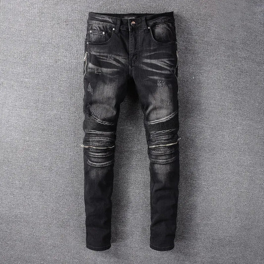 Men's Slim Fit Black Punk Style Biker Jeans Daylight Burnout Creations