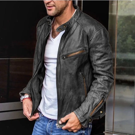 Men's Stand-up Collar Punk Biker Leather Jacket Daylight Burnout Creations